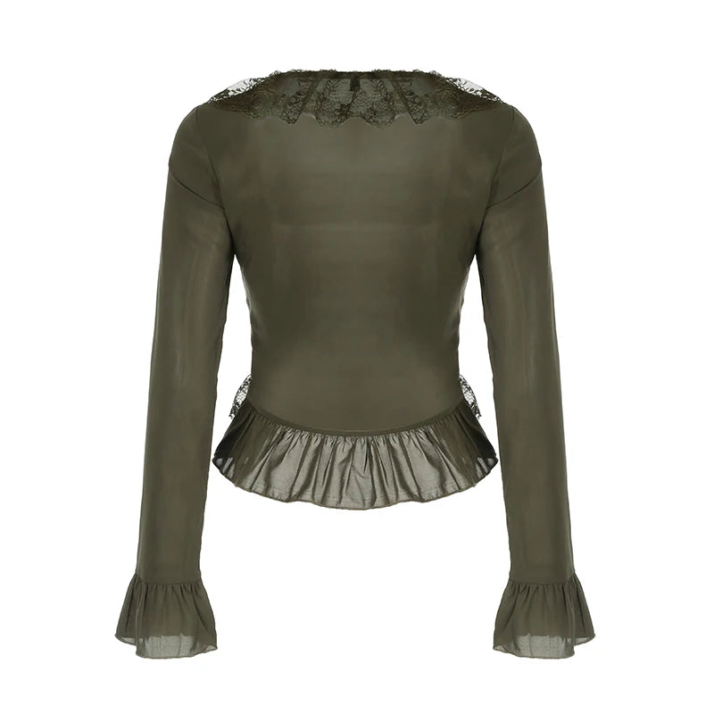 Goblincore Olive Lace Trim Top com amarração na frente