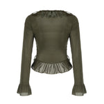 Goblincore Olive Lace Trim Top com amarração na frente