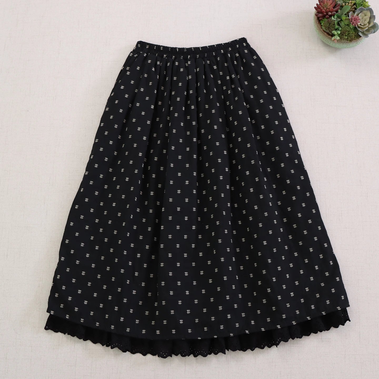 Dark Cottagecore Eyelet Hem Double-Layer Midi Skirt