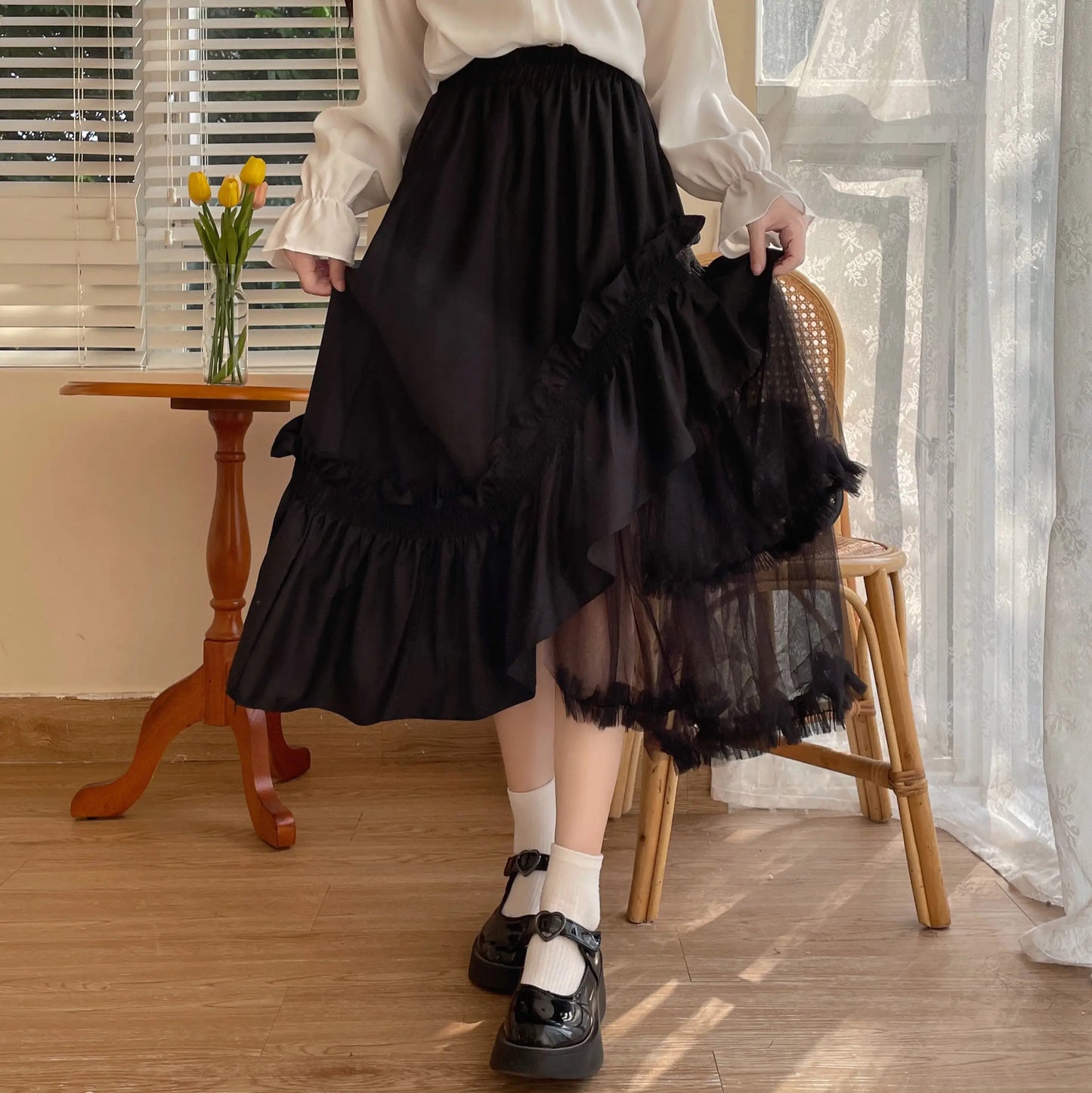 High Waist Mesh Mori Girl Skirt