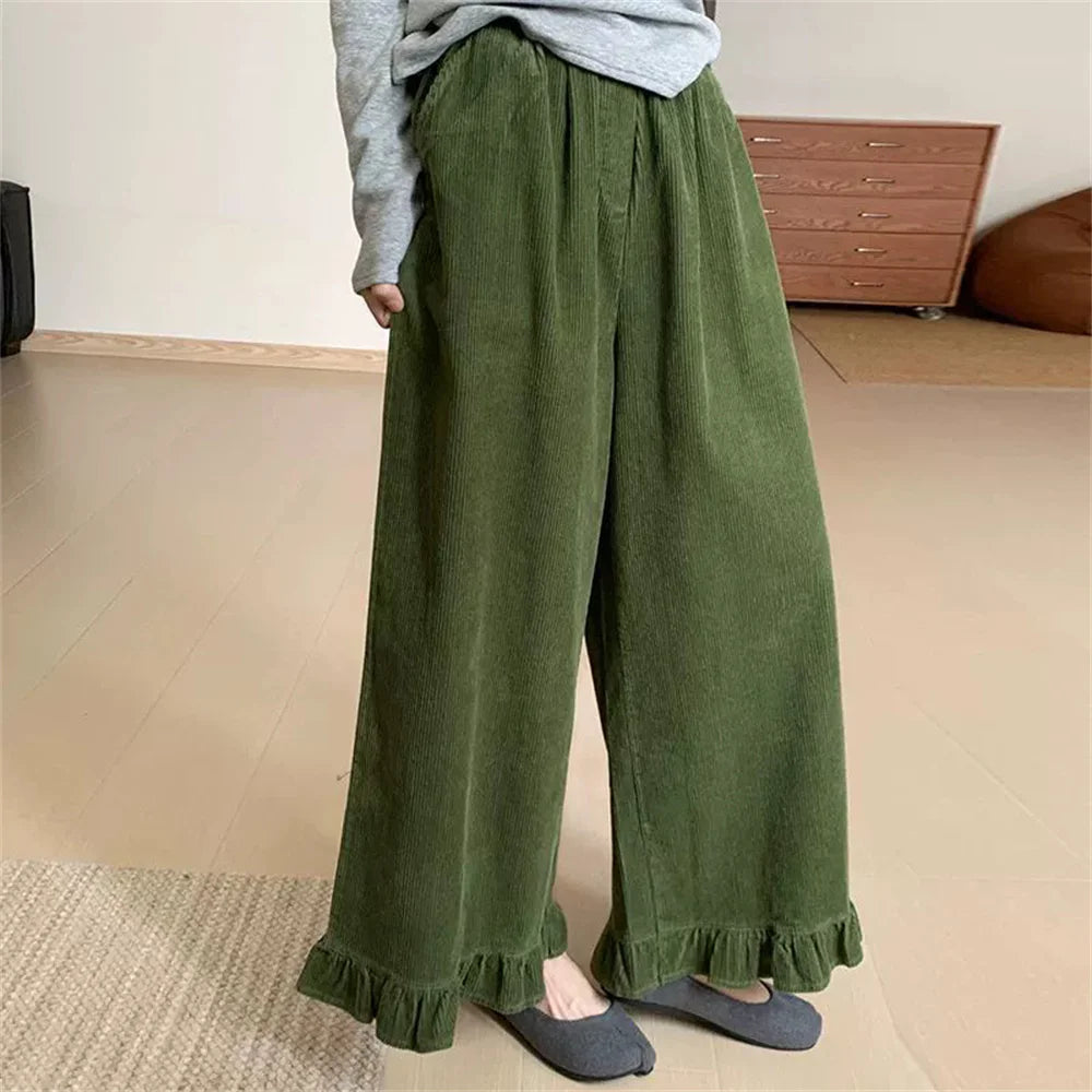 Mori Girl Moss Ruffle-Hem Corduroy Wide Leg Pants