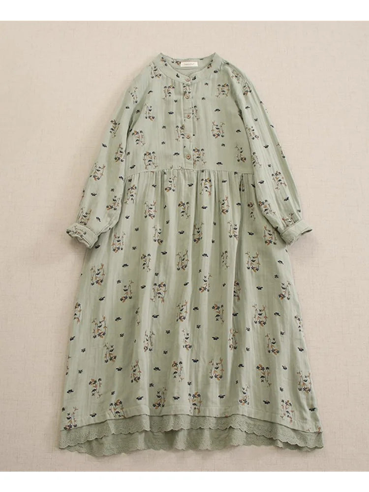 Mori Girl Floral Embroidered Long Sleeve Dress