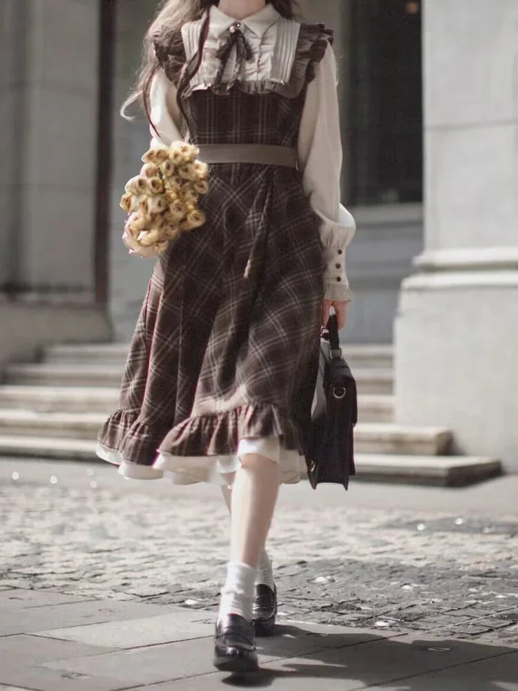 Dark Cottagecore Autumn Plaid Pinafore Set