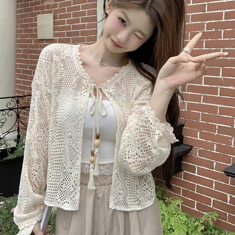 Mori Girl Hollow Crochet Tie-Front Cardigan