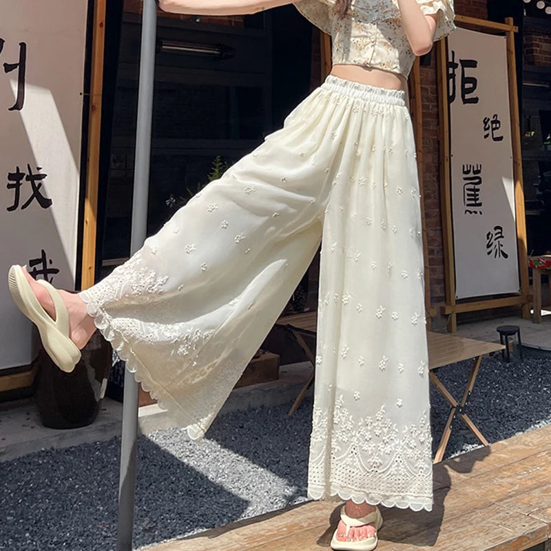 White Cottagecore Lace Wide Leg Pants