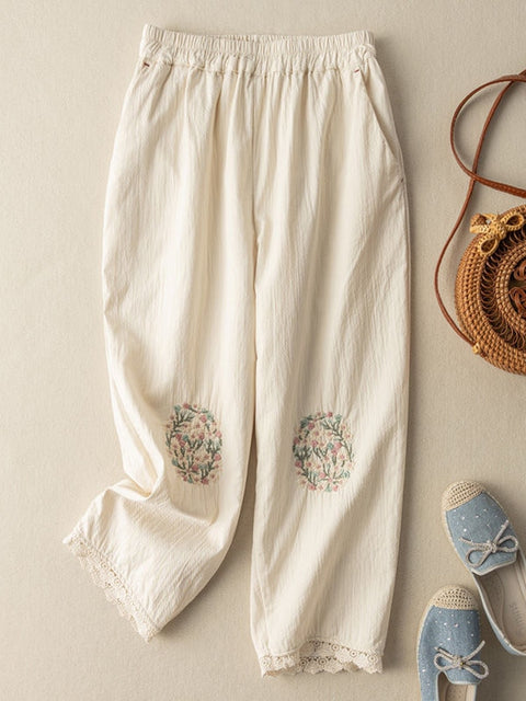 Pantalones de pierna ancha con bordado de flores de Cottagecore