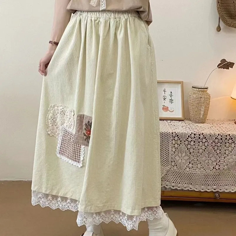 Mori Girl Patchwork Lace Hem Skirt cottagecoreclothes
