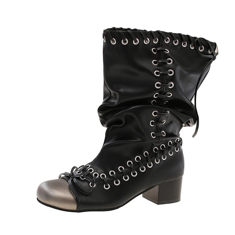 Vintage Aesthetic Lace-Up Slouch Mid-Calf Boots