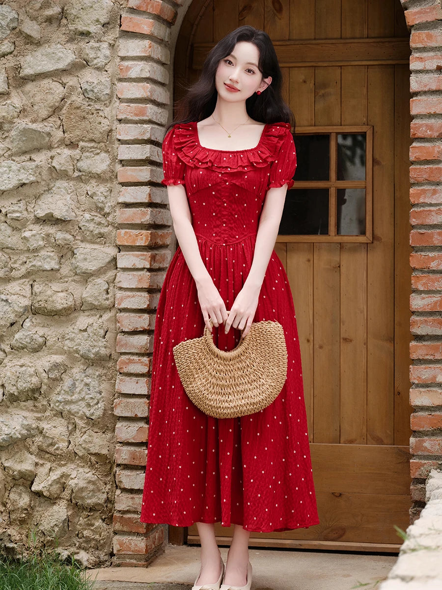 Cottagecore Dotted Ruffle Midi Dress
