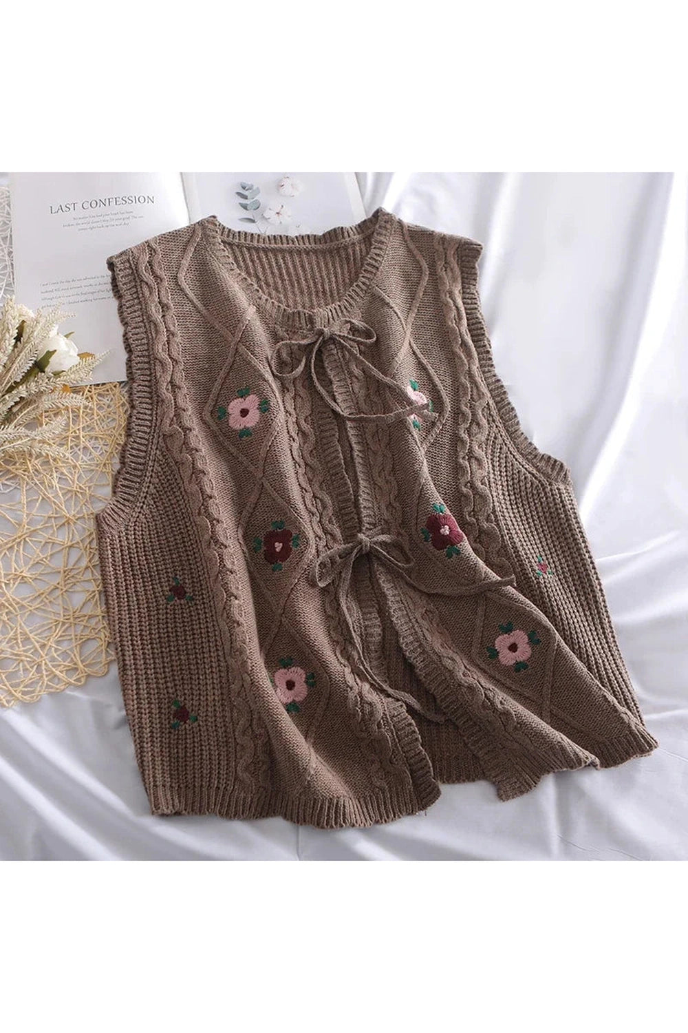 Embroidered Lace-Up Fall Sweater Vest