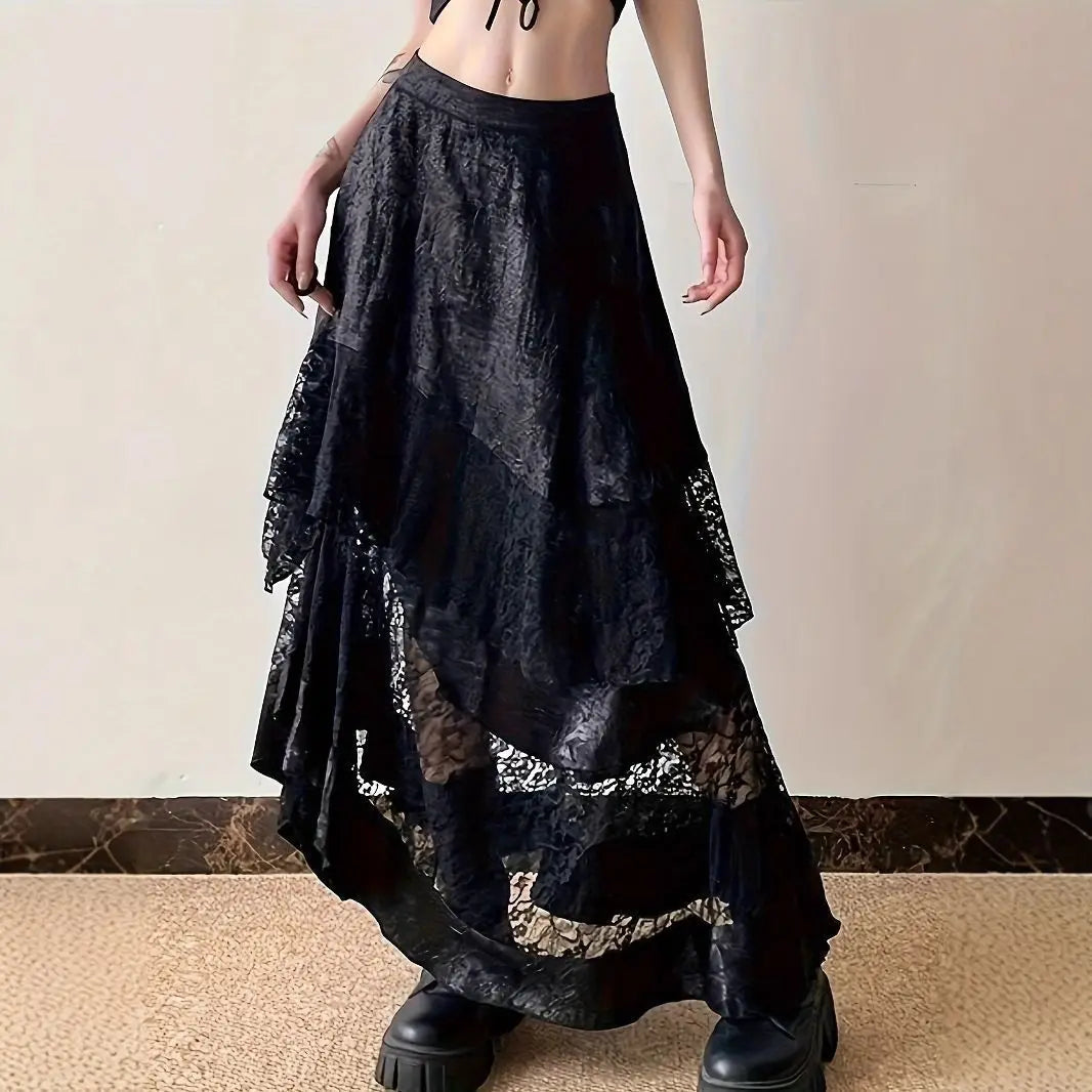 Fairy Grunge Midi Skirt in Midnight Black