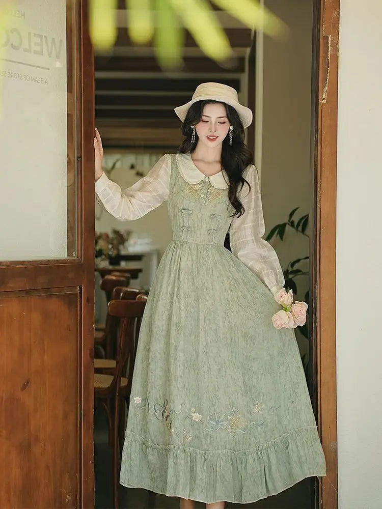 Mori Girl Celadon Embroidered Pinafore Dress