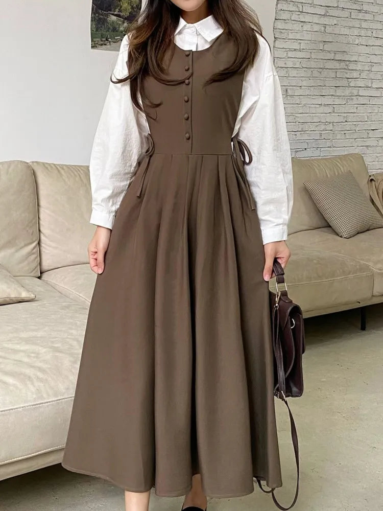 Mori Girl Button Front Layered Midi Dress