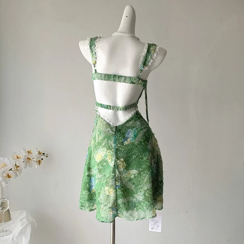 Fairycore Green Butterfly Strap Mini Dress