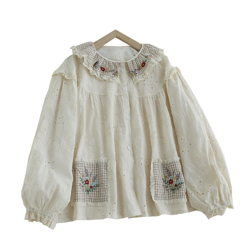 Mori Girl Blusa de renda com bolso floral