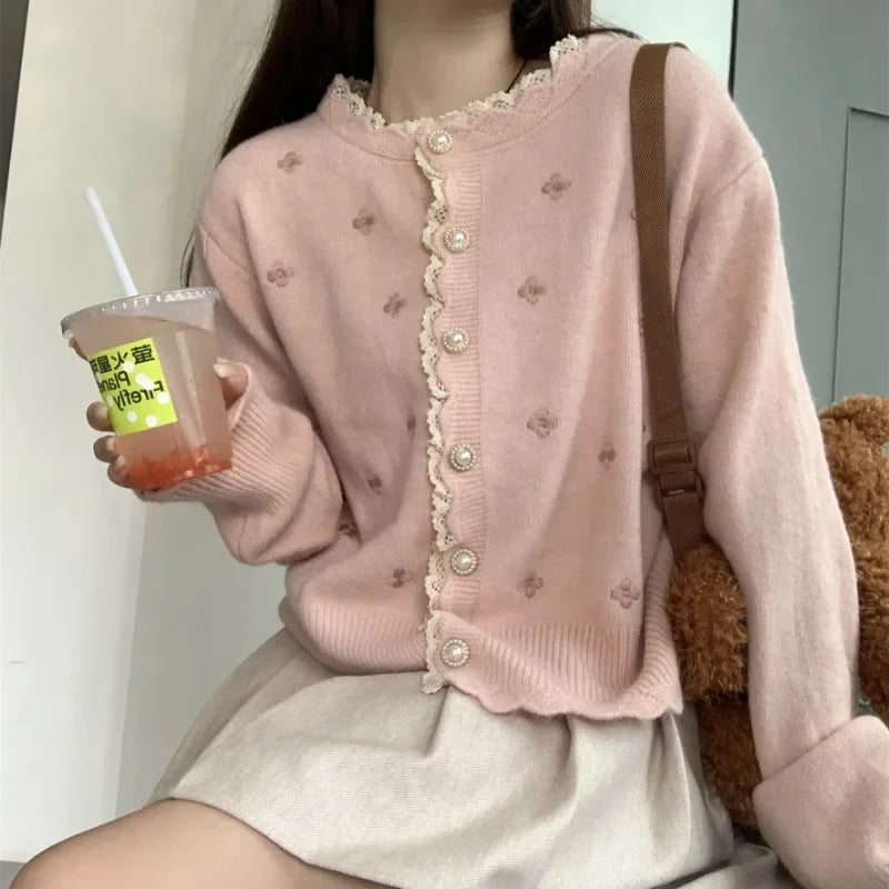 Fairycore Ivory Pearl Daisy Knit Cardigan