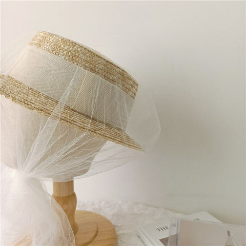 Sombrero de paja de trigo francés Flat-top Cottagecore 
