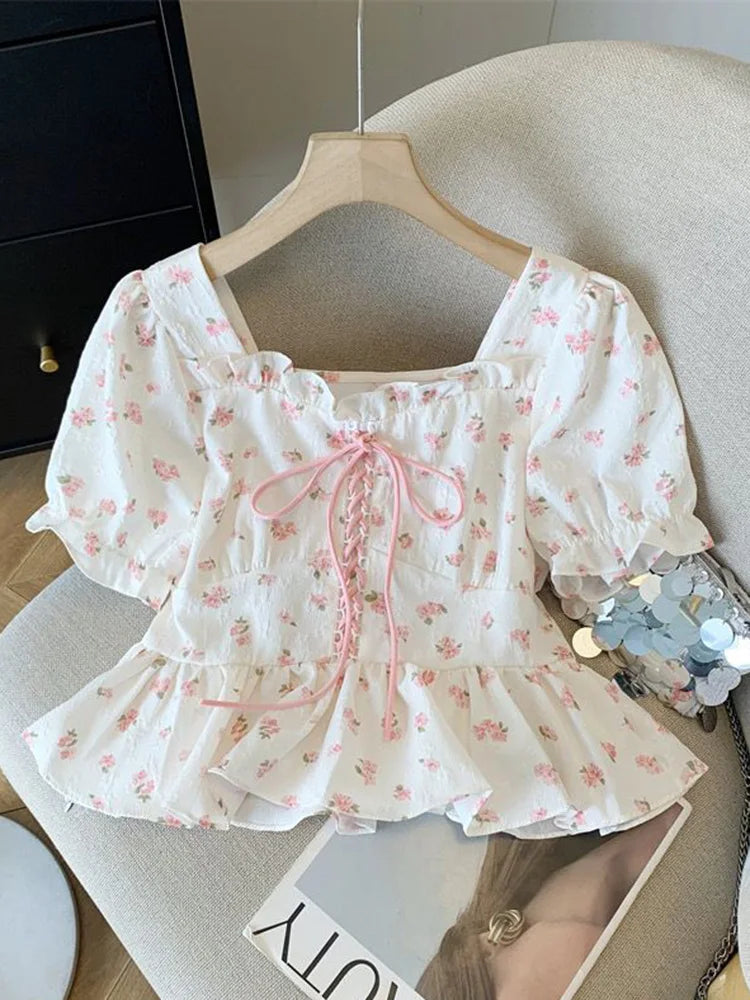 Fairycore Puff Sleeve Floral Blouse
