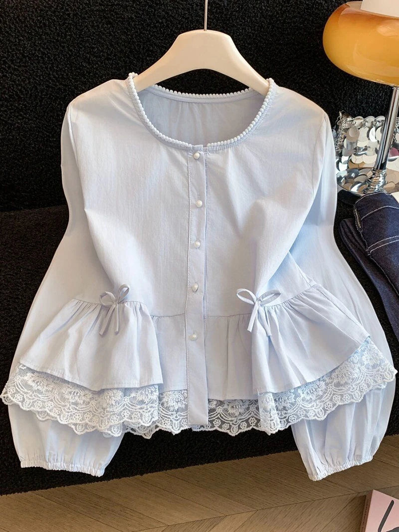 Fairycore Pearl Trim Lace Peplum Blouse
