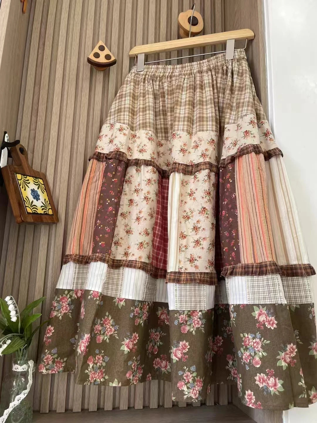 Mori Kei Floral Plaid Patchwork Skirt