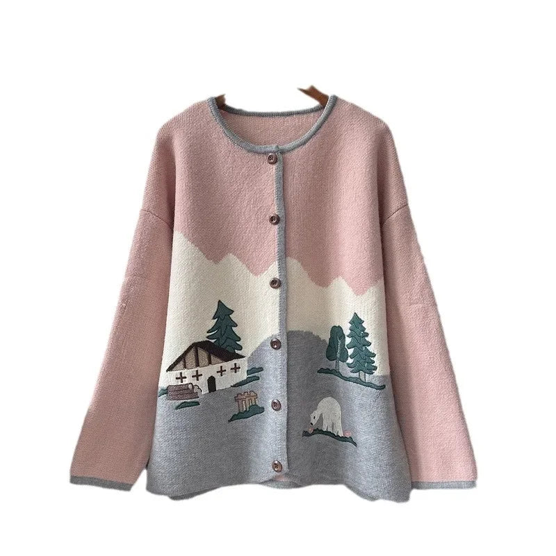 Cottagecore Pastel Village Scene Cardigan cottagecoreclothes