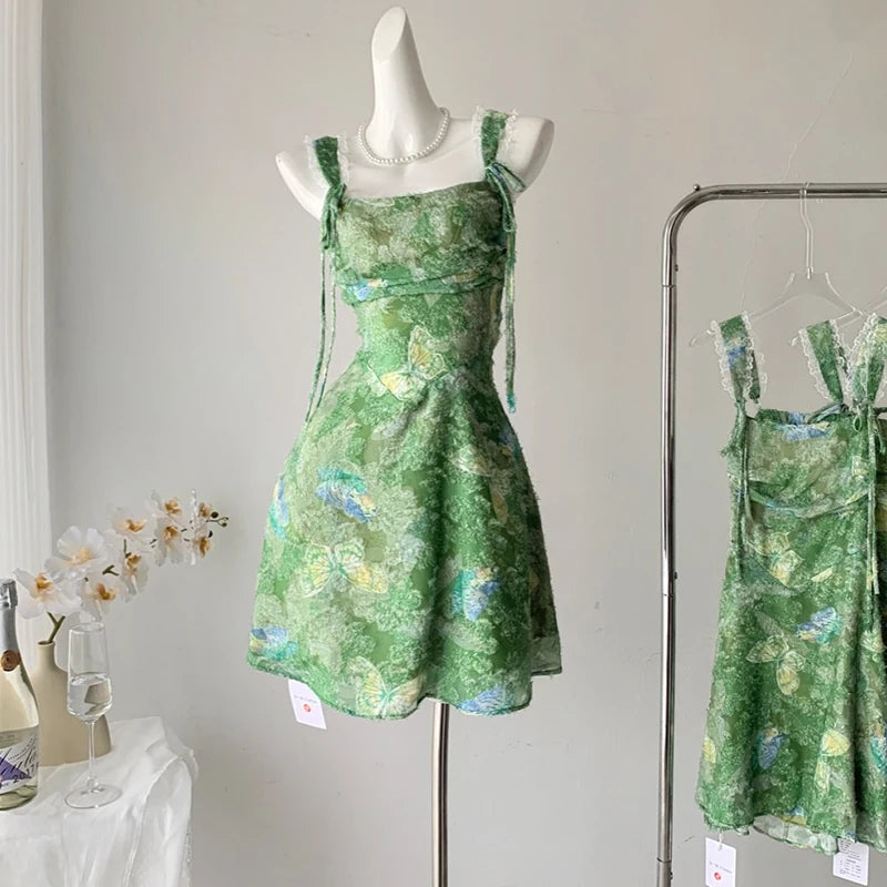 Fairycore Green Butterfly Strap Mini Dress