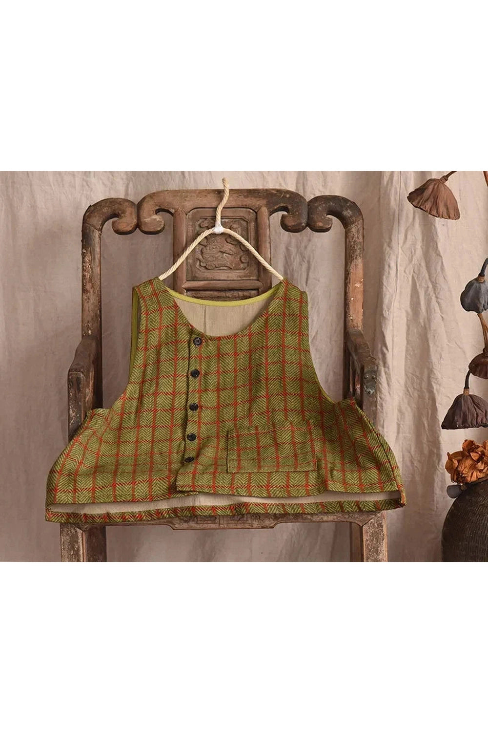 Plaid Cotton Linen Fall Vest Coat