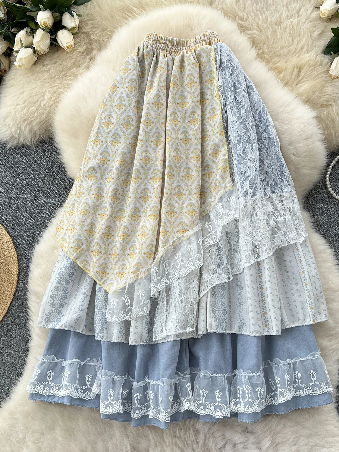 Mori Girl Blue Floral Patchwork Lace Skirt