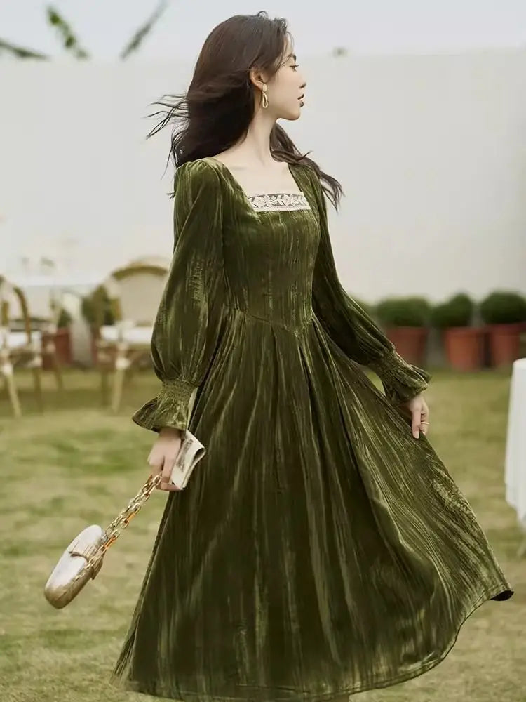 Cottagecore Olive Green Puff-Sleeve Dress - ottagecore clothes Cottagecore Olive Green Puff-Sleeve Dress - ottagecore clothes