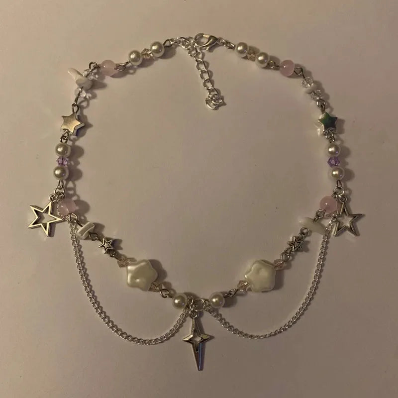 Fairycore Star Charm Pearl Choker Necklace