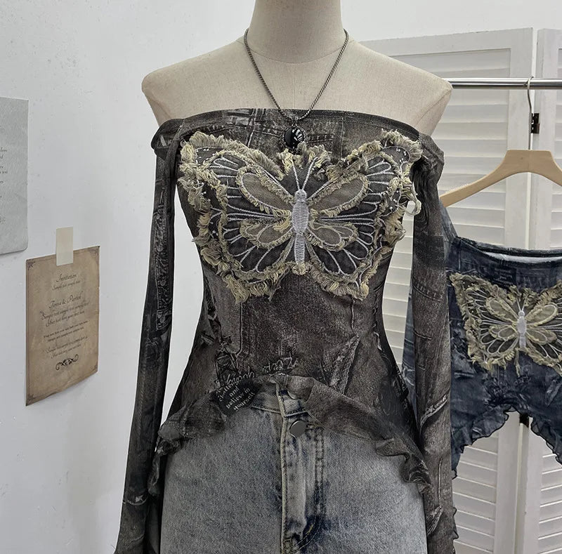 Fairy Grunge Ashen Butterfly Ruffle Mesh Top
