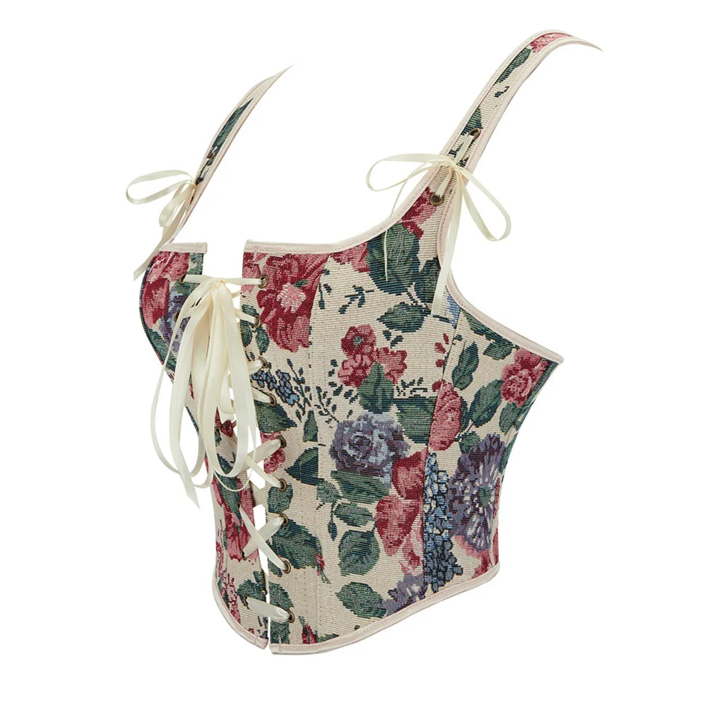 Vintage Aesthetic Tapestry Floral Lace-Up Corset