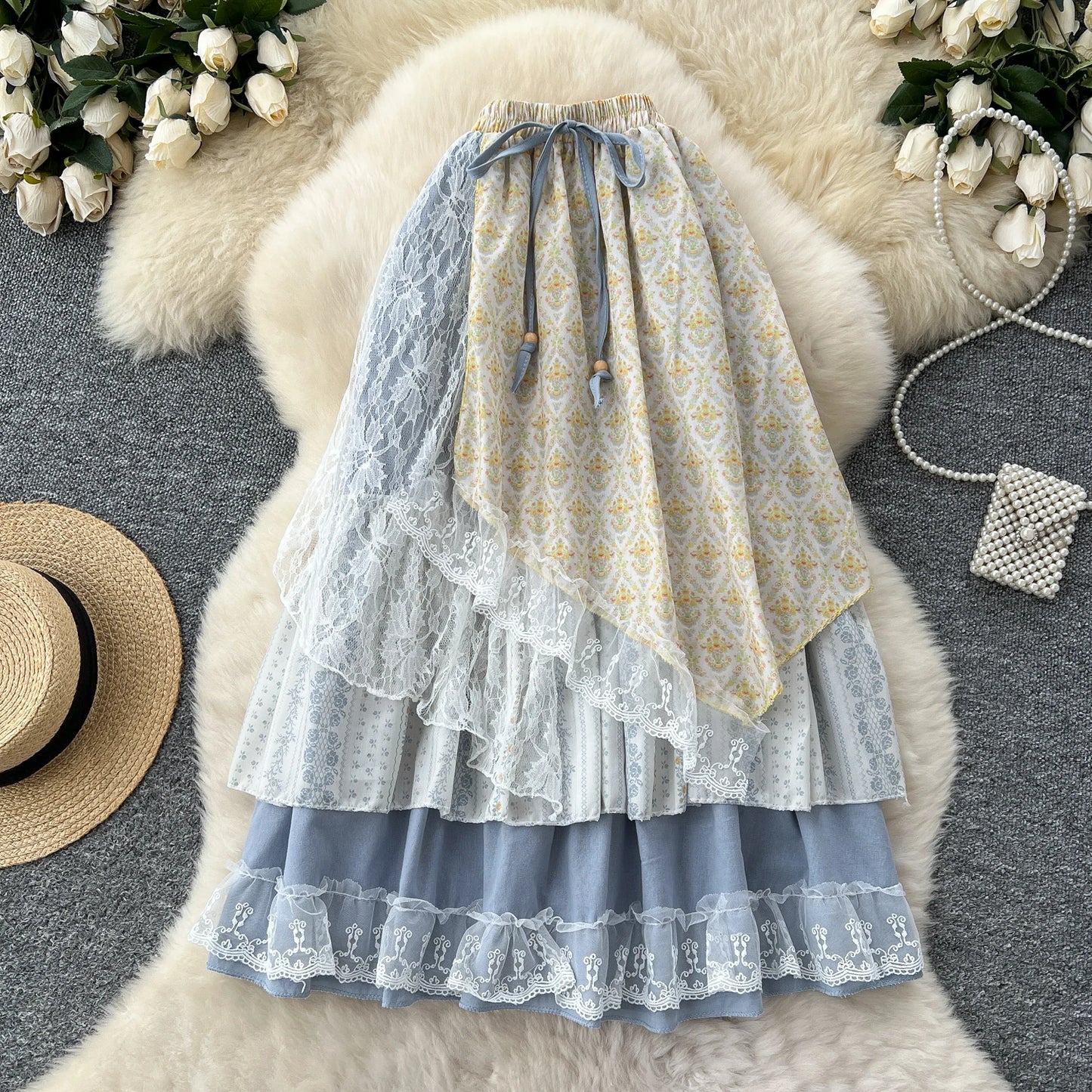 Mori Girl Blue Floral Patchwork Lace Skirt