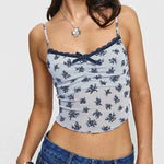 Fairycore Navy Flower Print Lace Trim Top