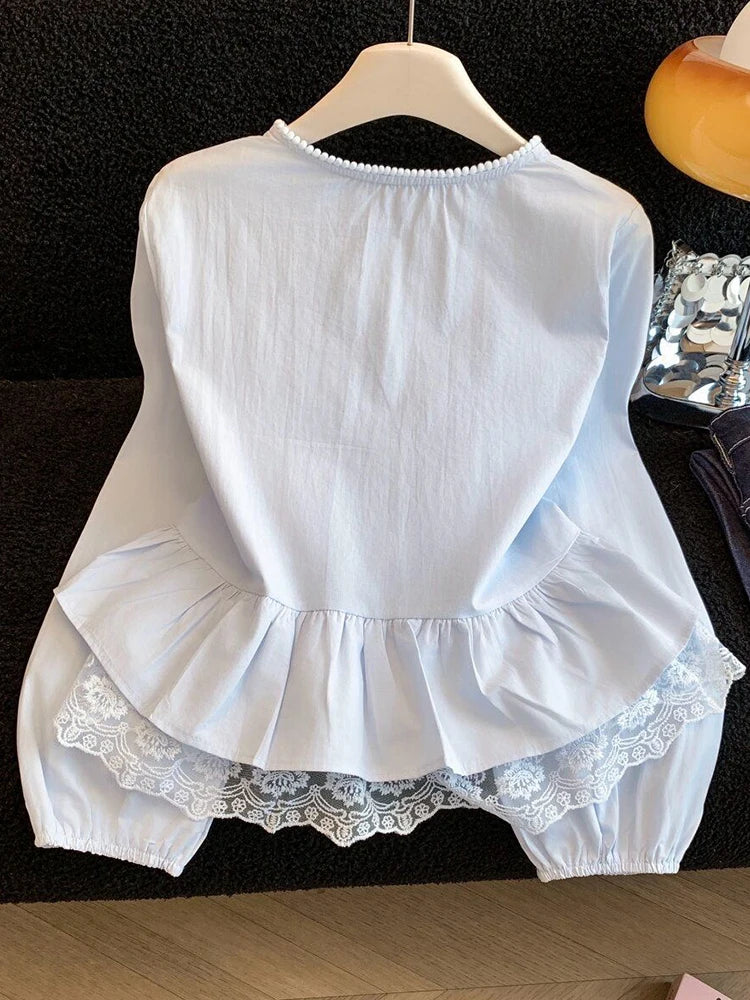 Fairycore Pearl Trim Lace Peplum Blouse