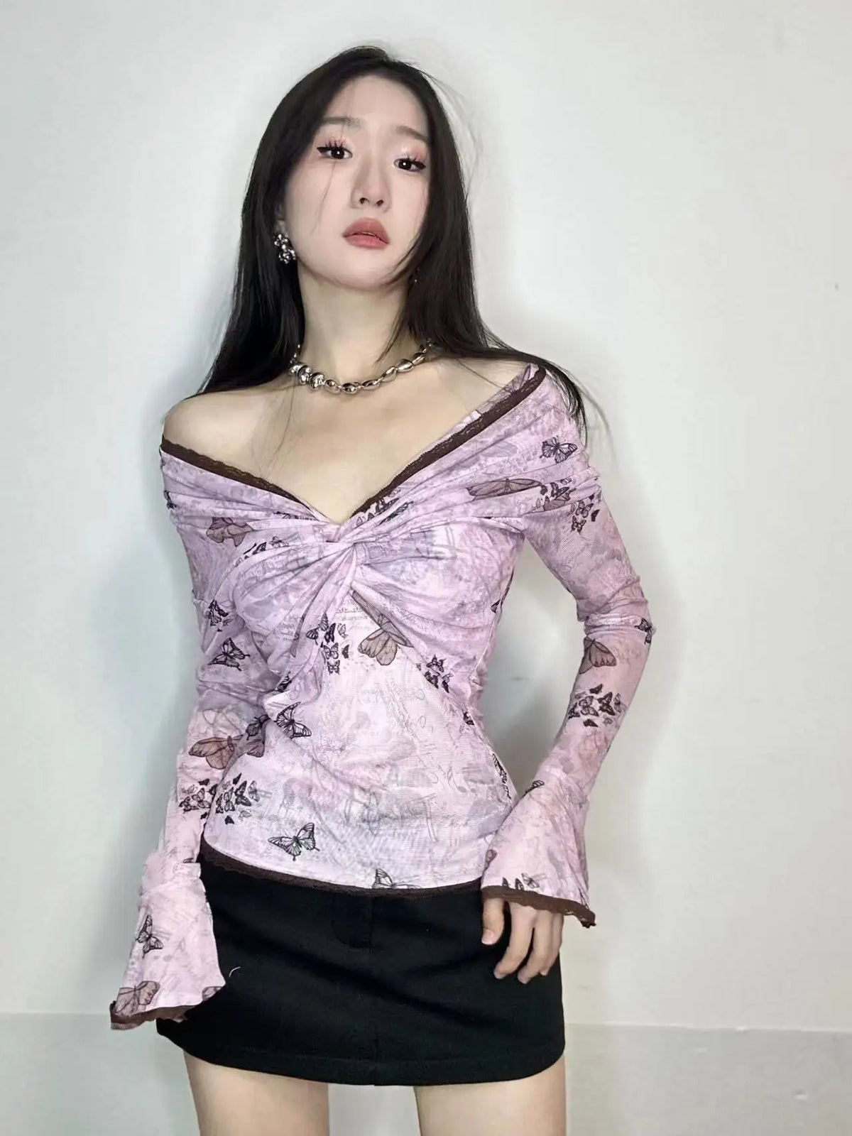 Fairycore Off-Shoulder Floral Mesh Top