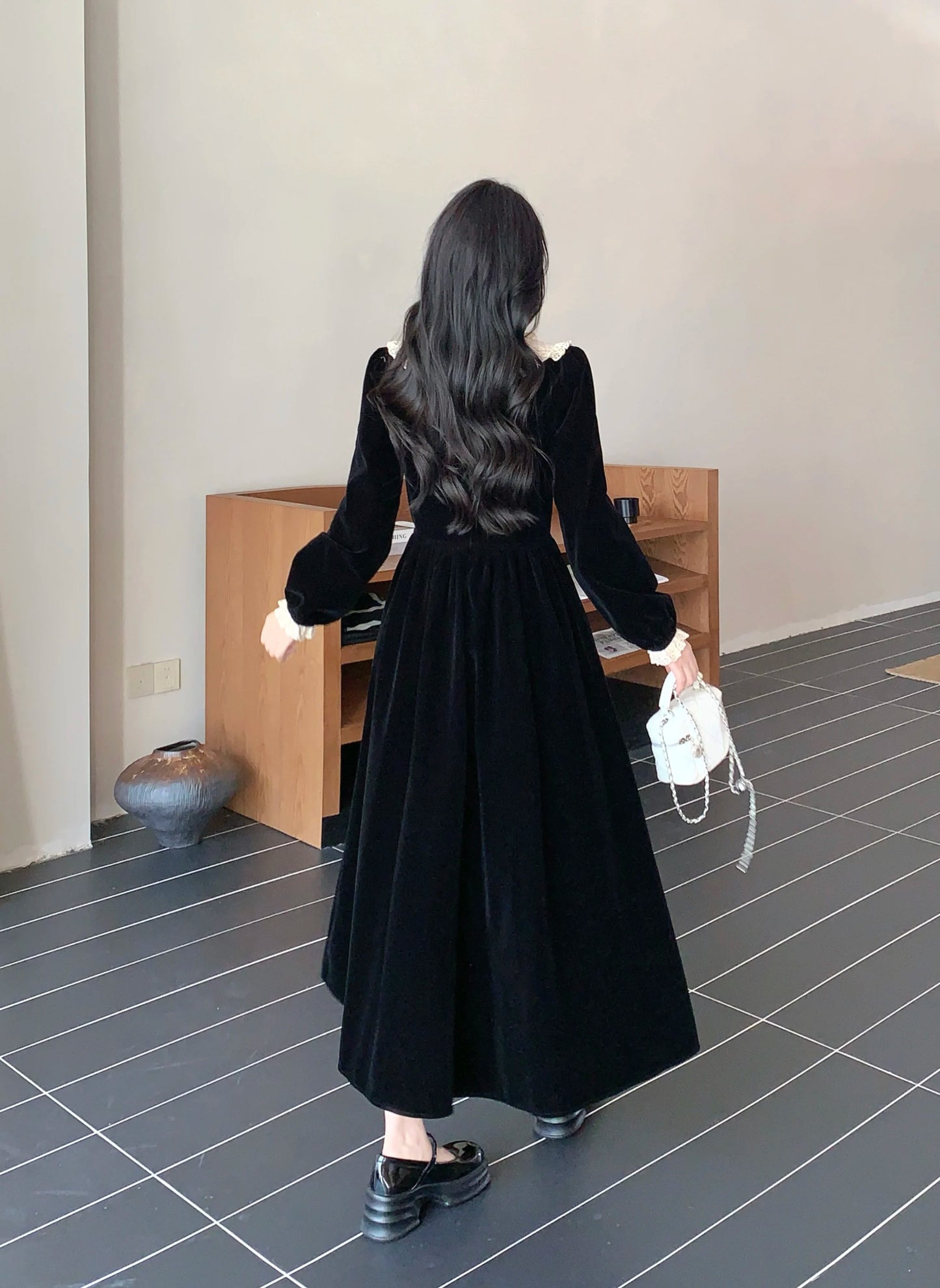 Dark Cottagecore Collar Velvet Maxi Dress