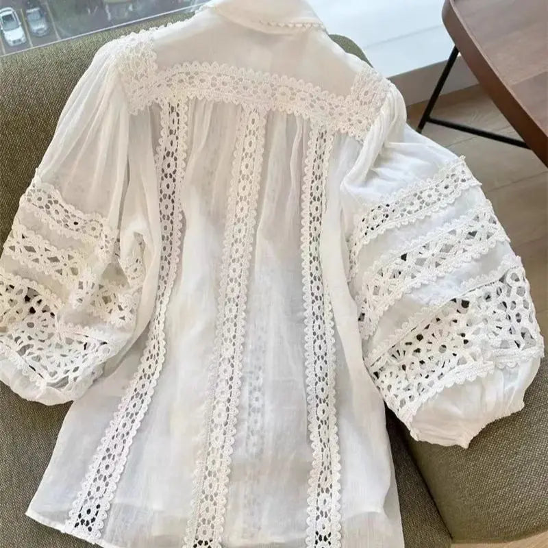 Vintage Lace Puff Sleeve Button-Up Blouse