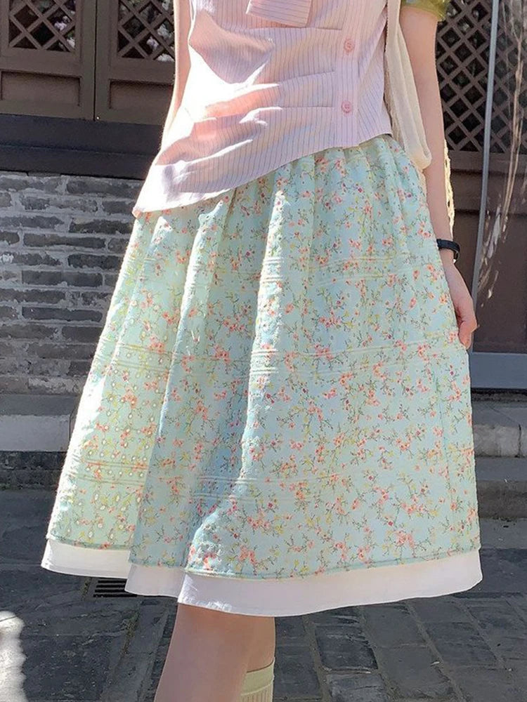 Cottagecore Mint Blossom Gathered Midi Skirt