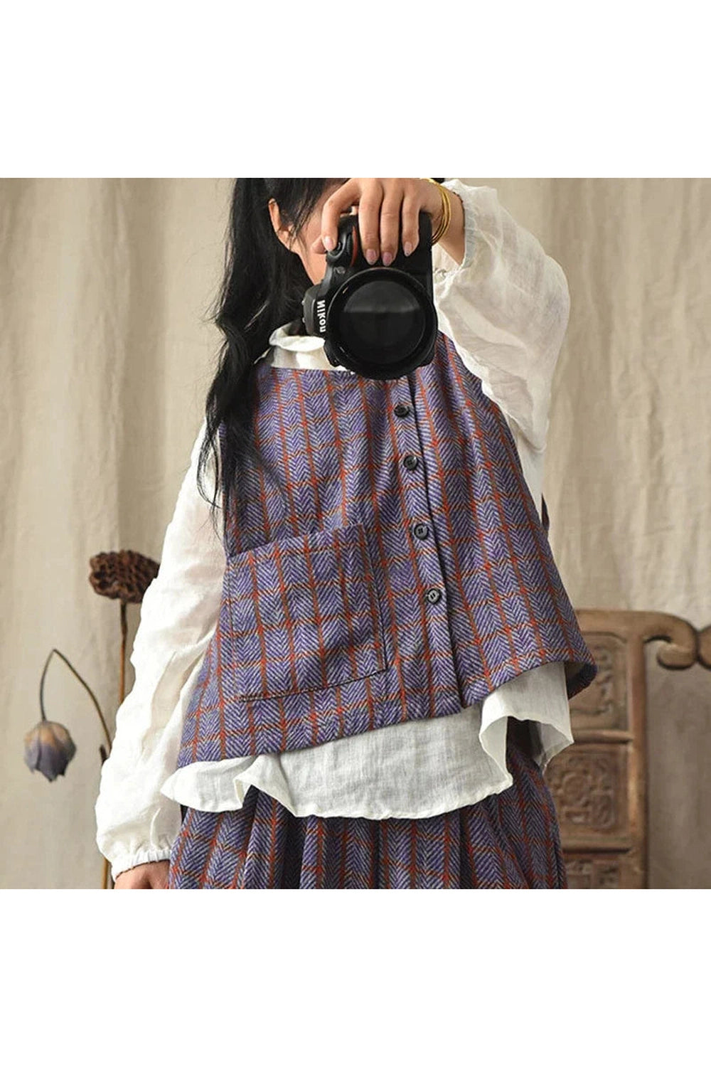 Plaid Cotton Linen Fall Vest Coat