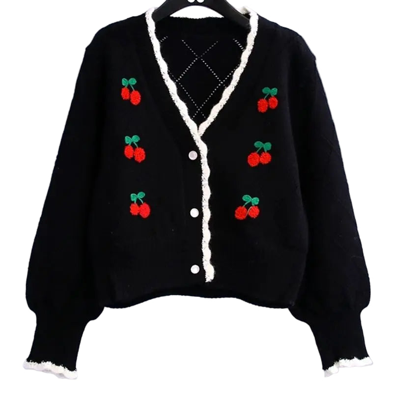 Retro Cherry Knit Button Cardigan
