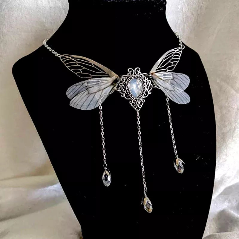 Fairycore Crystal Winged Pendant Necklace