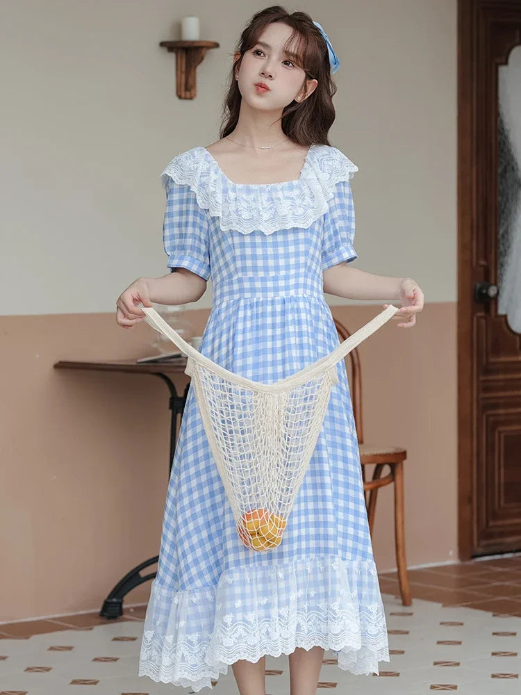 Cottagecore Plaid Lace Ruffle Midi Dress