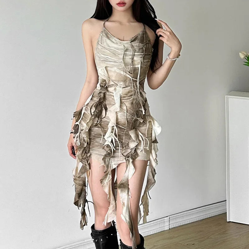 Fairy Grunge Shredded Ash Halter Mini Dress