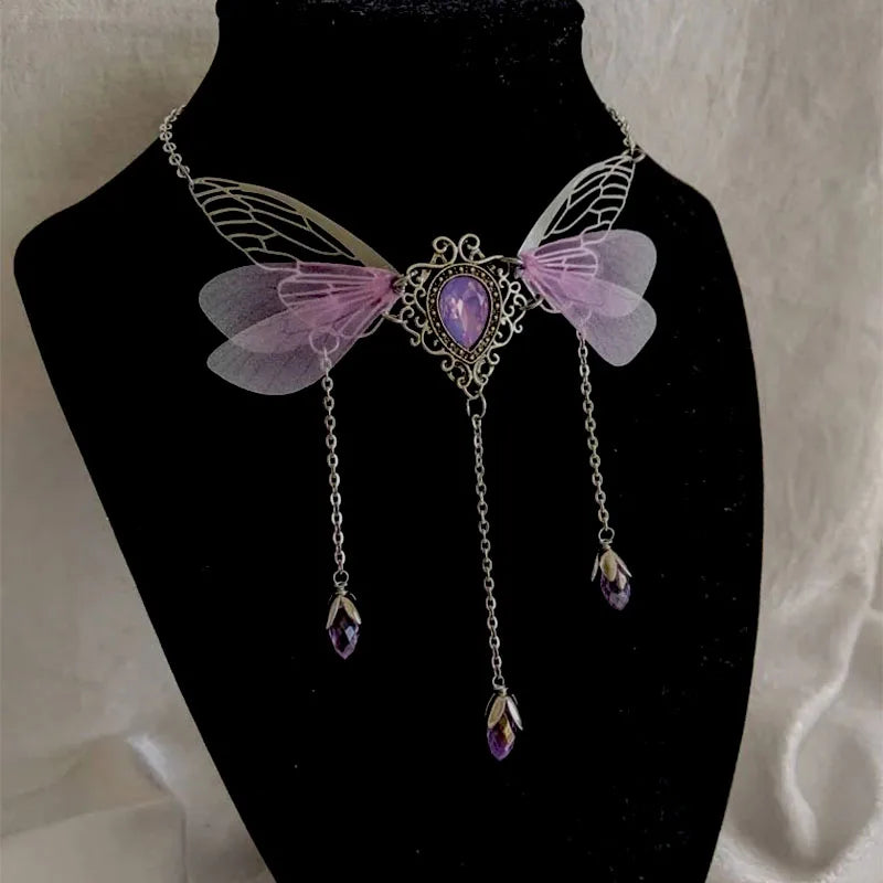 Fairycore Crystal Winged Pendant Necklace