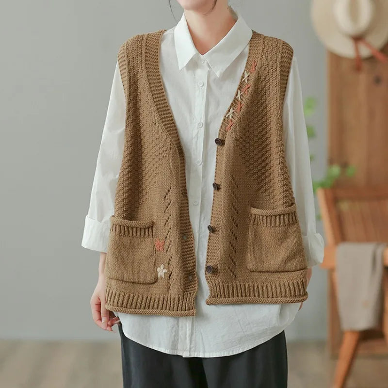 Mori Girl Floral Embroidered Knit Vest