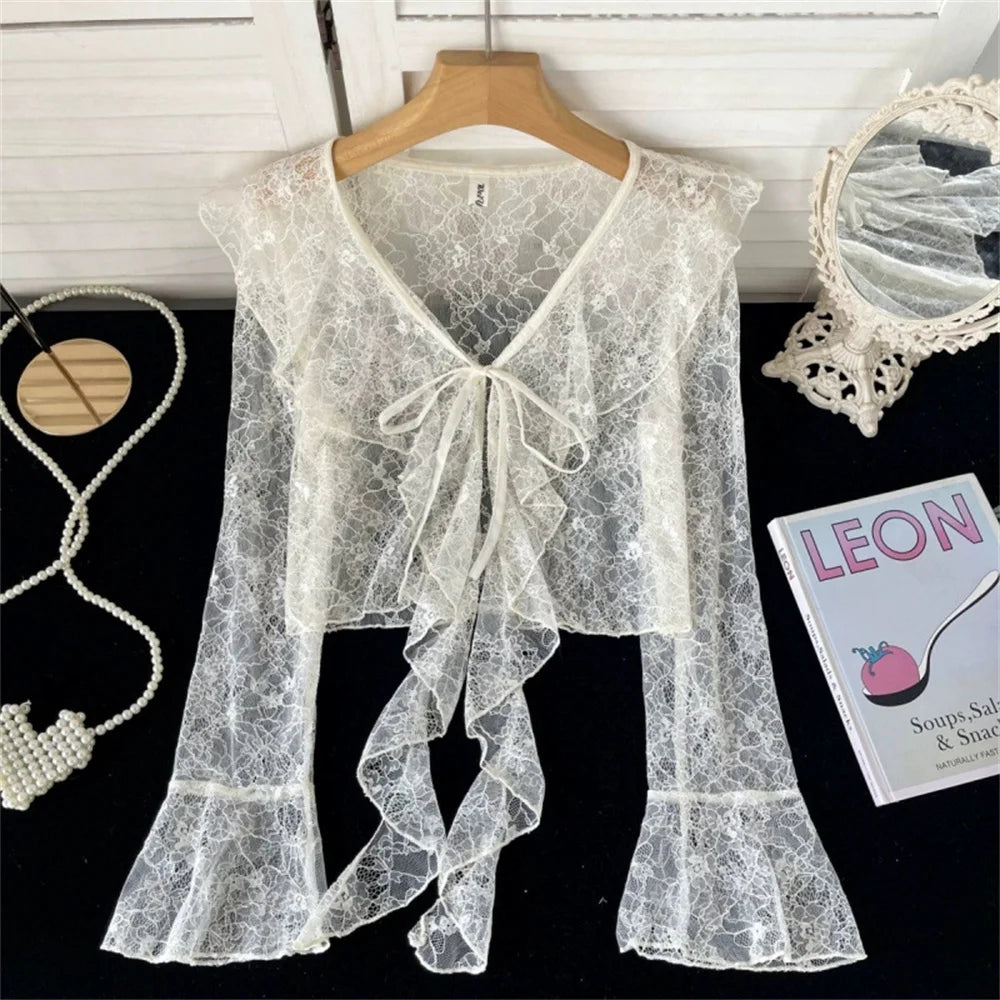 Fairycore Blush Lace Ribbon-Tie Blouse