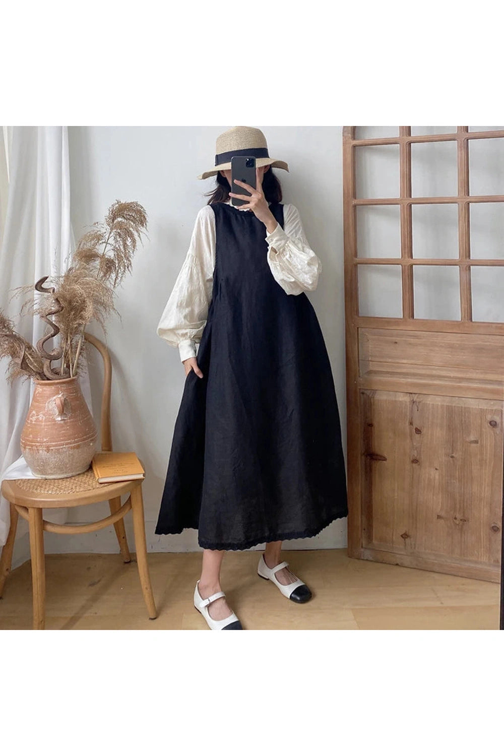 Johnature Linen Patchwork Dress