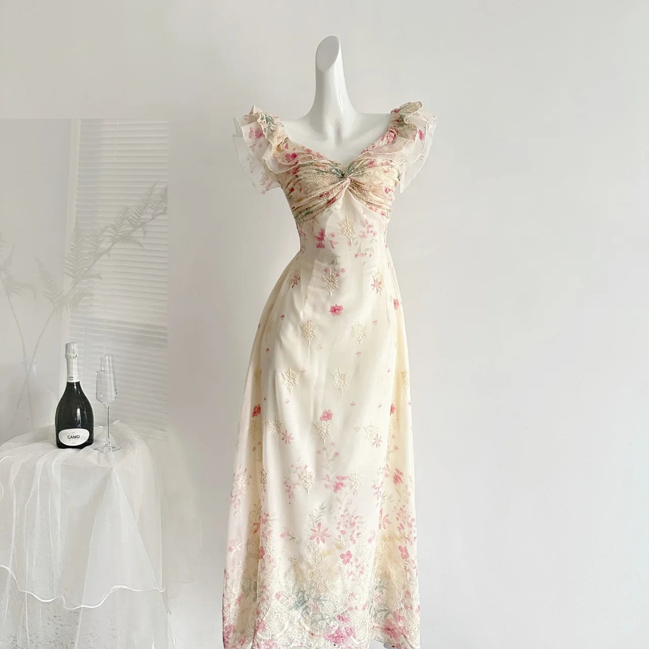 Fairycore Cream Floral Embroidered Ruffle Maxi Dress
