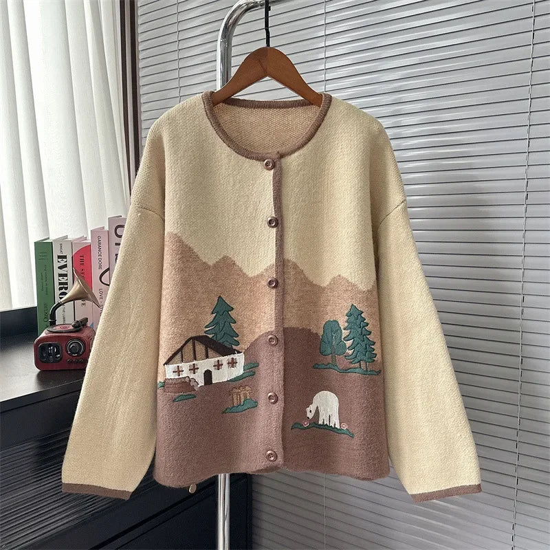 Cottagecore Pastel Village Scene Cardigan cottagecoreclothes